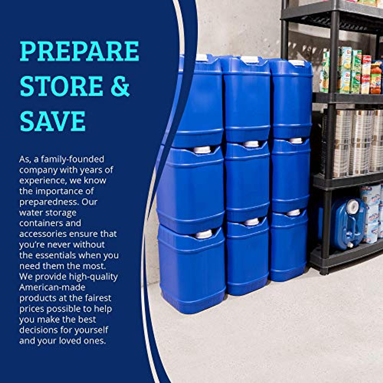 Emergency water storage containers stacked for preparedness