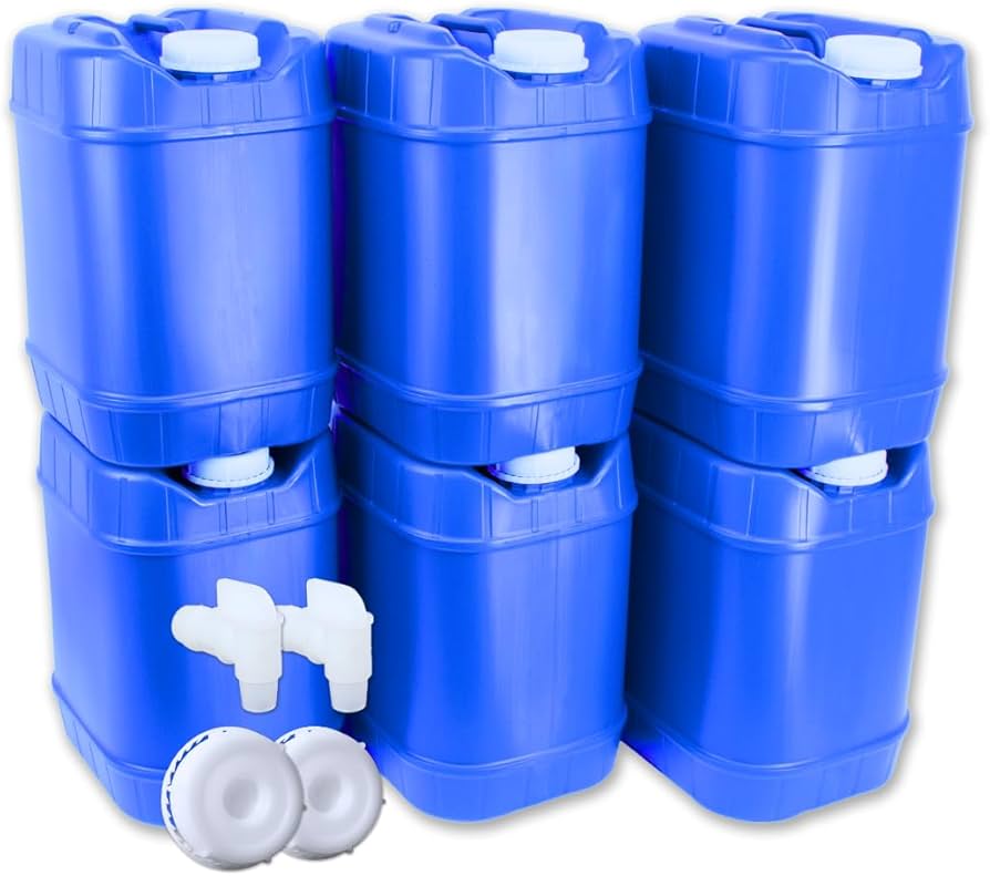 Blue water storage containers for emergency preparedness