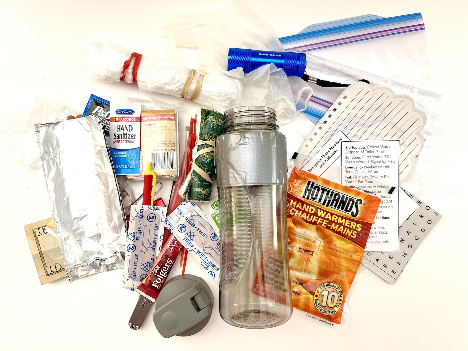 Emergency preparedness water bottle kit contents