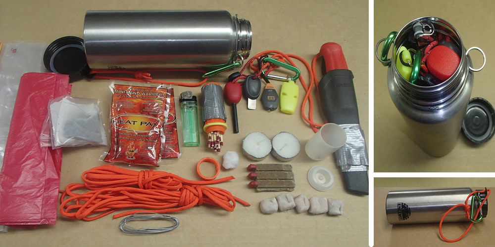 Water bottle emergency survival kit contents